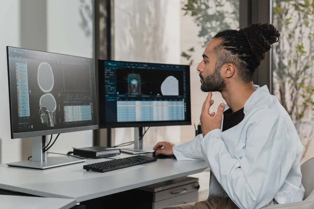 Profissional trabalhando em projeto de inteligência artificial em frente ao computador